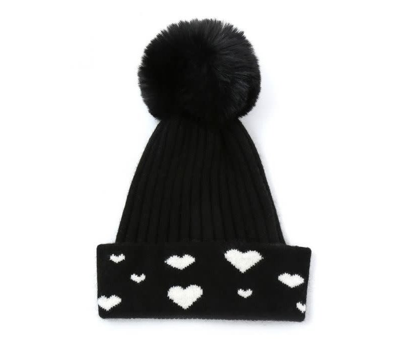 SDN121 Black pom Hat with Hearts