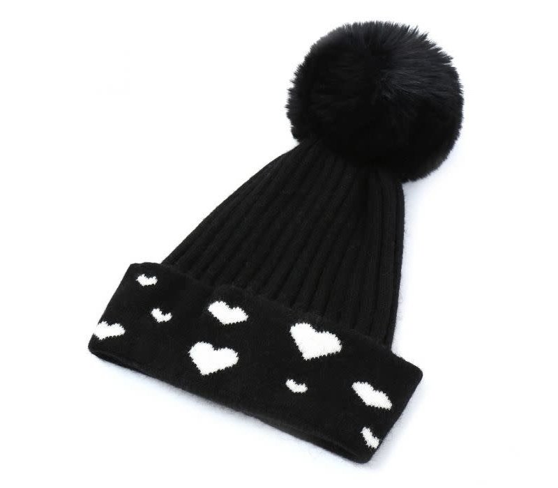 SDN121 Black pom Hat with Hearts