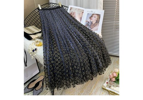 Peach Accessories SK1025 Navy/Gold Embroidery Tulle Skirt