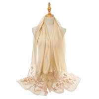 SK24 Champagne Silk Scarf with Embroired flowers