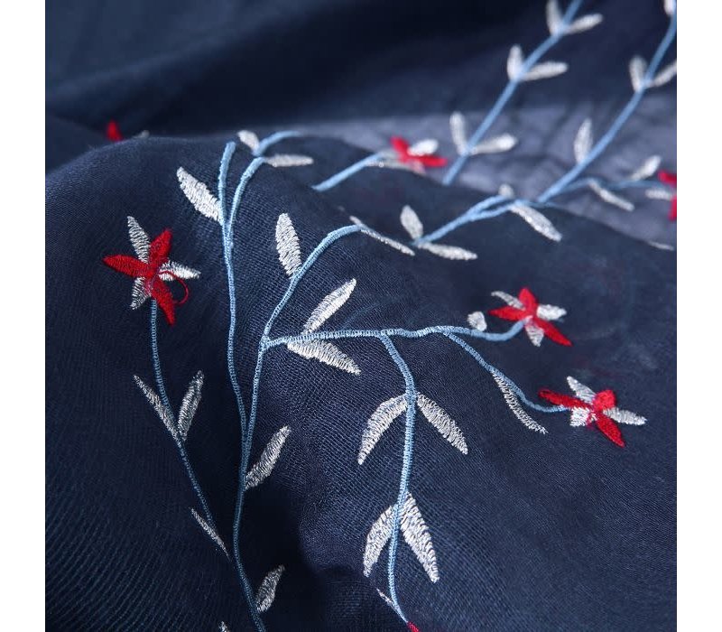 SK12 Navy Silk mix Scarf with Flower detail