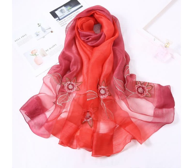 SK17 two tone Red Silk mix Scarf with Flower