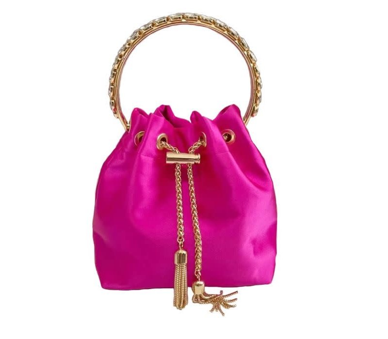 6631 satin pouch bag with crystal handle in Fuchsia