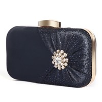 6651 crystal jewelled clutch bag with pleated satin bow in Navy