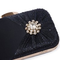 6651 crystal jewelled clutch bag with pleated satin bow in Navy