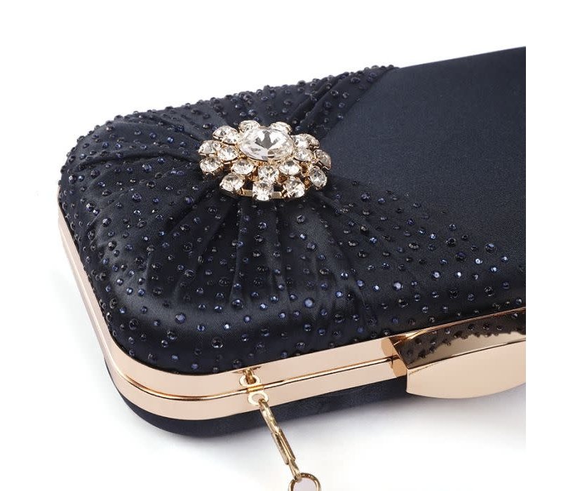 6651 crystal jewelled clutch bag with pleated satin bow in Navy