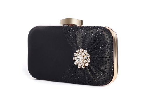 Peach Accessories 6651 crystal jewelled clutch bag with pleated satin bow in Black