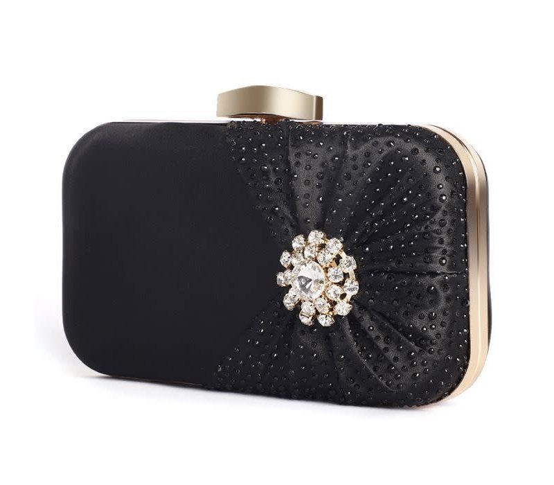 6651 crystal jewelled clutch bag with pleated satin bow in Black