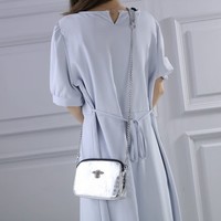 8802 Glossy Silver Croc effect leather X- body Bag