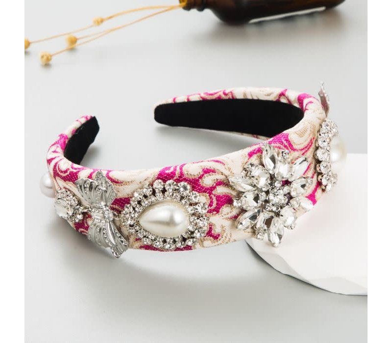 HA755 vintage floral headband with large crystals in Fuchsia