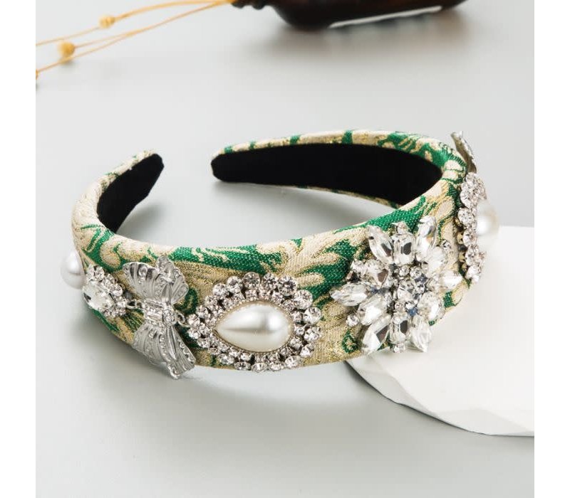 HA755 vintage floral headband with large crystals in Kelly Green