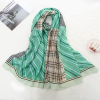 TT343 strips and checks print cotton scarf in Spring Green