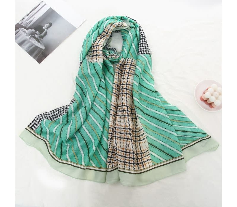 TT343 strips and checks print cotton scarf in Spring Green