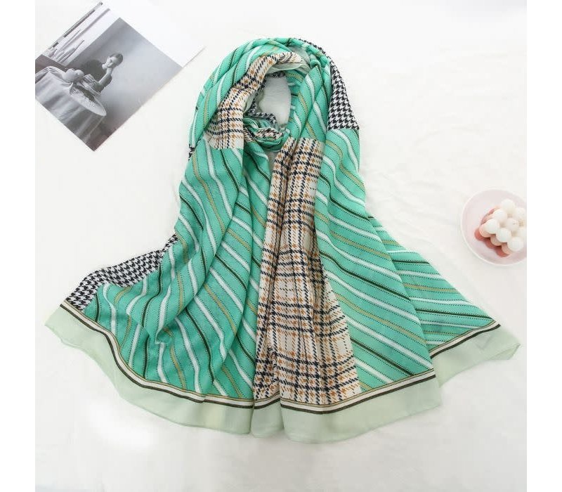 TT343 strips and checks print cotton scarf in Spring Green