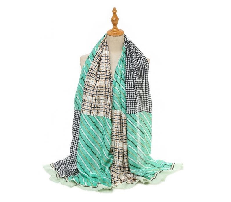 TT343 strips and checks print cotton scarf in Spring Green