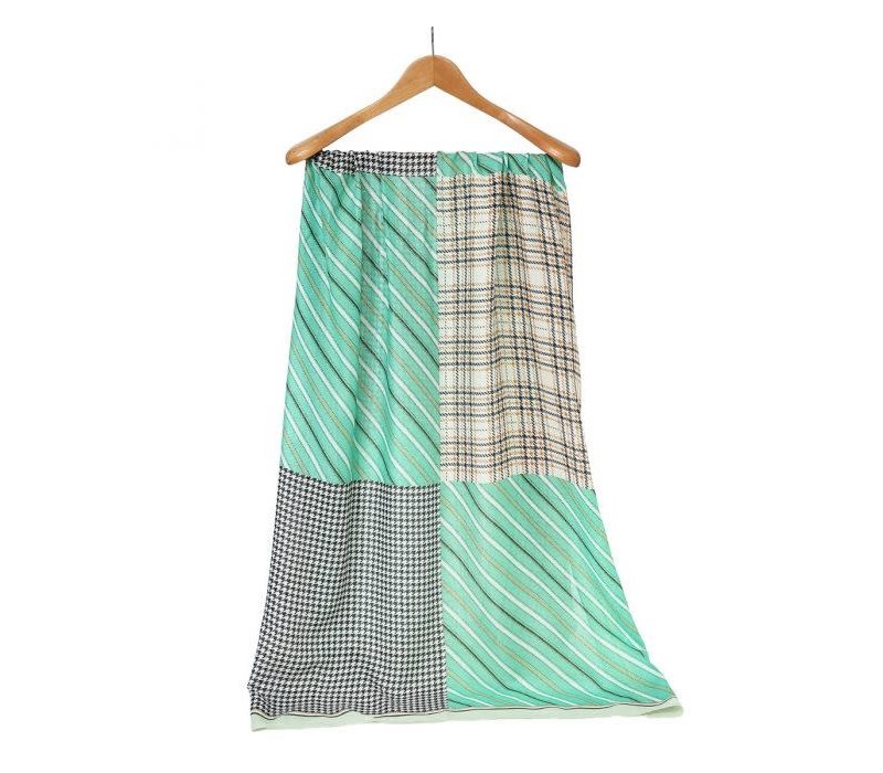 TT343 strips and checks print cotton scarf in Spring Green