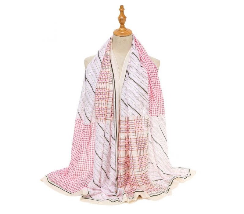 TT343 strips and checks print cotton scarf in Pink