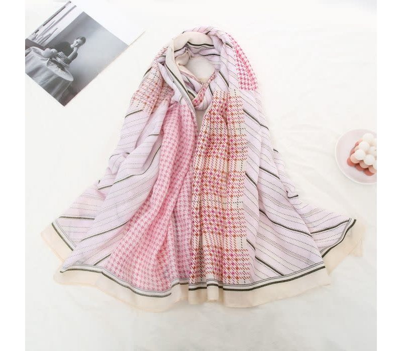 TT343 strips and checks print cotton scarf in Pink