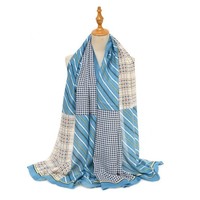 TT343 strips and checks print cotton scarf in Blue