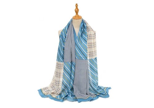 Peach Accessories TT343 strips and checks print cotton scarf in Blue