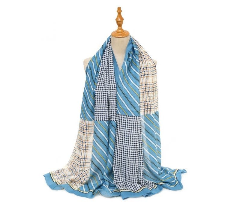 TT343 strips and checks print cotton scarf in Blue