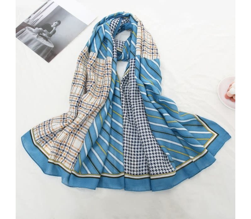 TT343 strips and checks print cotton scarf in Blue