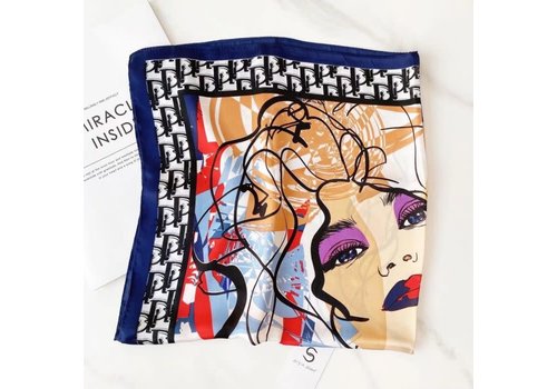 Peach Accessories F729 abstract lady face square scarf in Navy