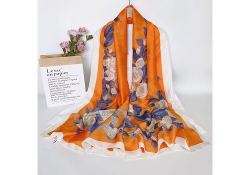 Peach Accessories TT264 Cream Rose print satin scarf in Orange