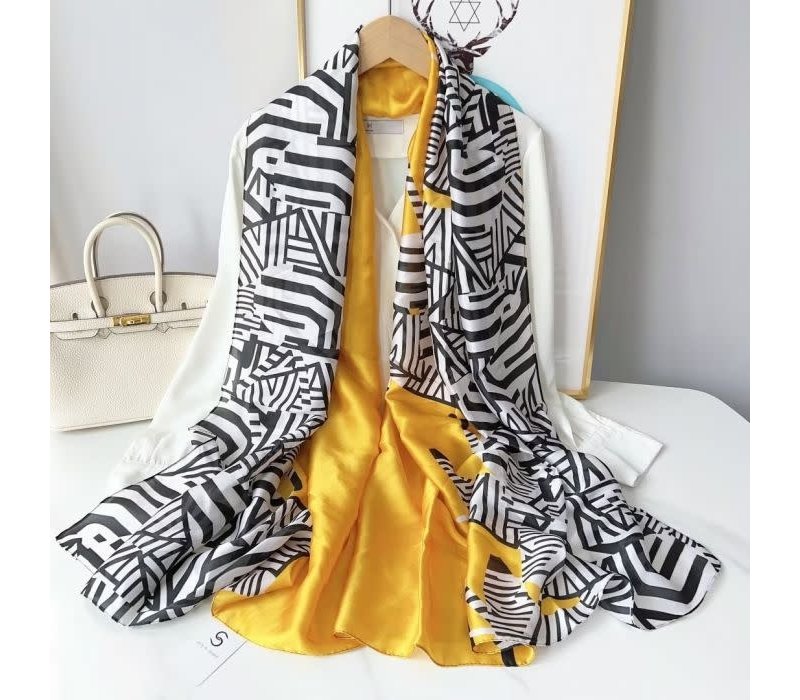 TT263 Yellow/Black/White satin silky Scarf