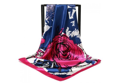 TT259 square neck scarf with Rose print in Navy/Fuchsia