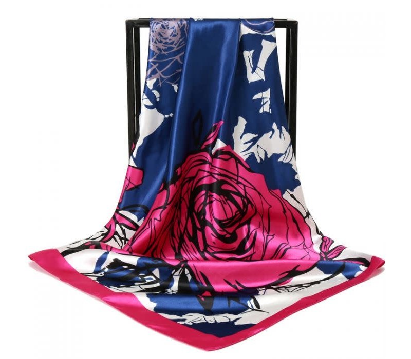 TT259 square neck scarf with Rose print in Navy/Fuchsia