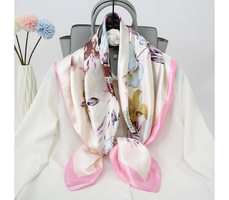 F749 Floral print square silky neck scarf in Cream