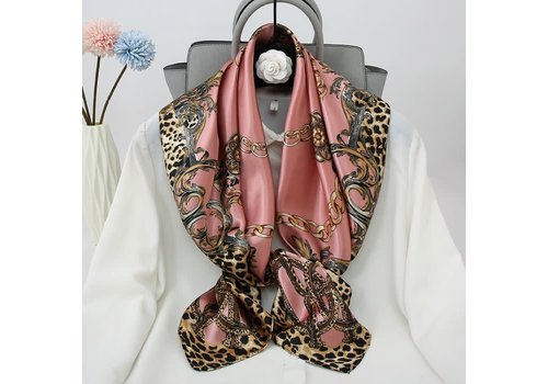 Peach Accessories F738 Leopard chain print square silky scarf Dusty Pink