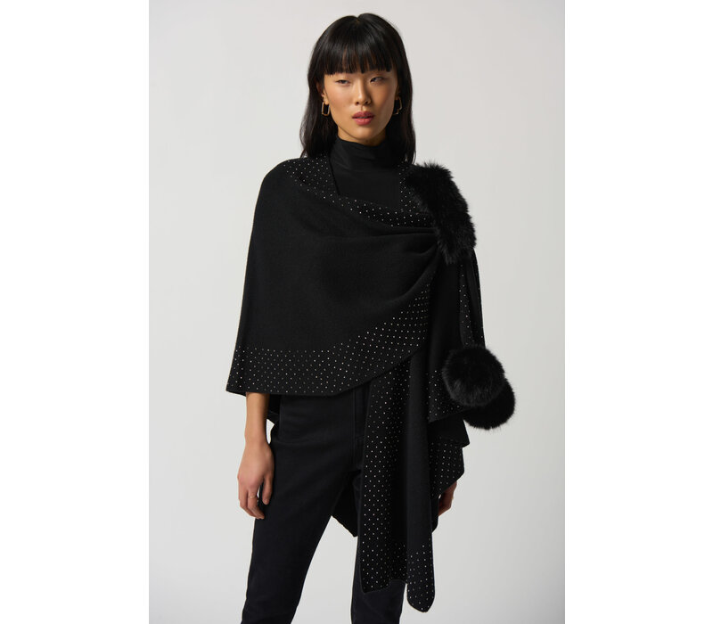 Joseph Ribkoff Black Faux Fur Pom Pom Cape