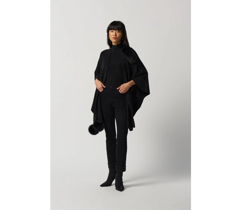 Joseph Ribkoff Black Faux Fur Pom Pom Cape