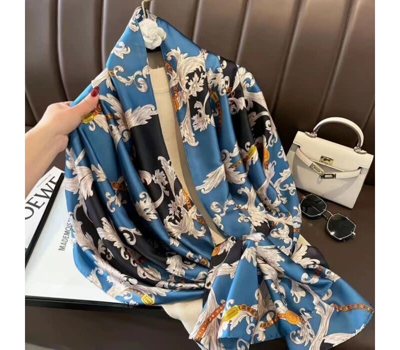 TT275 Flowers and chains satin scarf in Blue