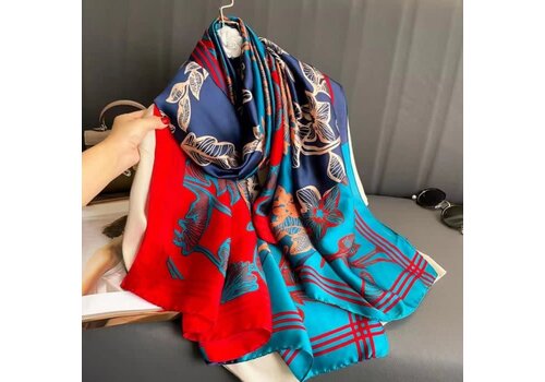 Peach Accessories TT271 Flowers print satin scarf in Blue/Red