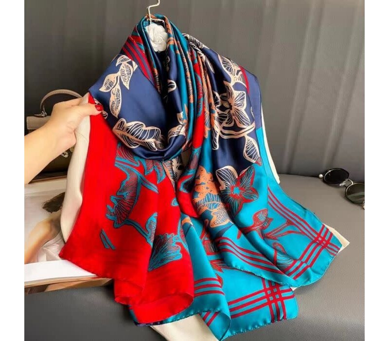 TT271 Flowers print satin scarf in Blue/Red