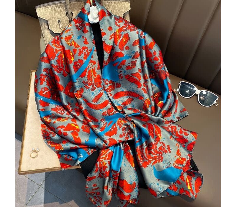 TT238 Abstract print satin scarf in Red/Teal