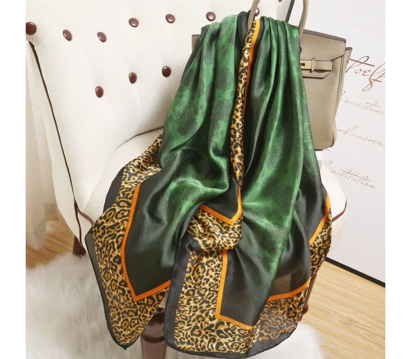 TT244 Flowers and leopard print satin scarf in Green