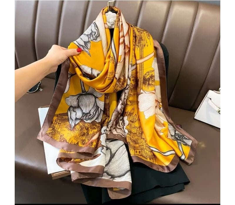 TT269 Flowers & vintage city print scarf in Yellow/Brown