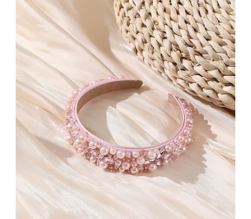 HA783 Pearls and crystals mix headband in Baby Pink