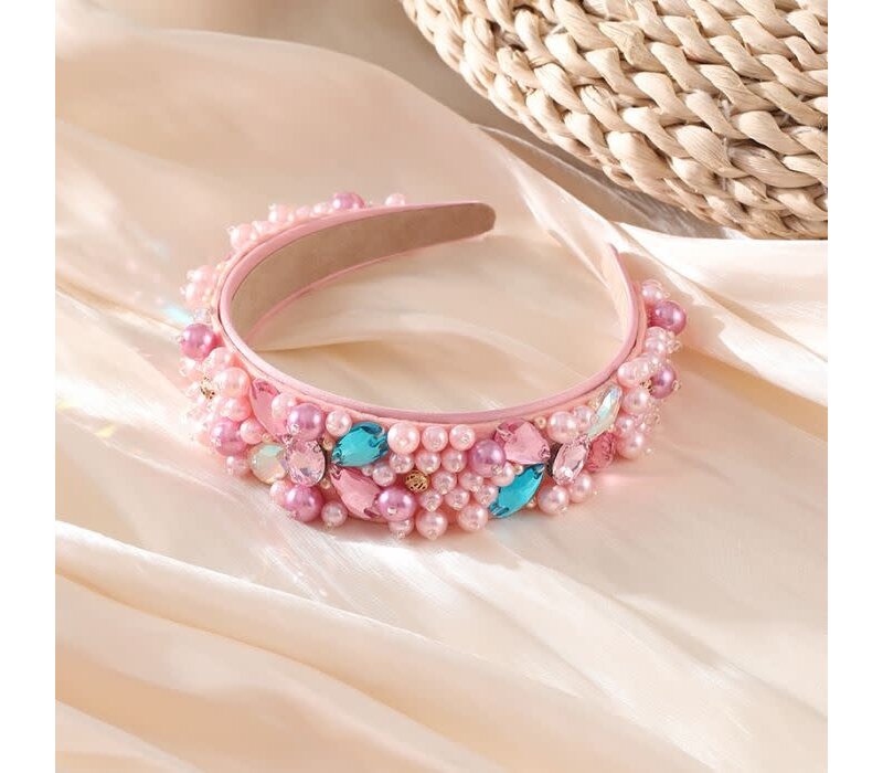 HA784 Crystals and pearls mix headband in Pink