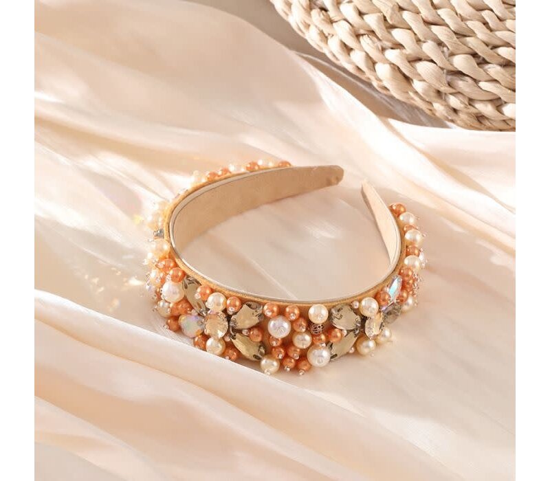 HA784 Crystals and pearls mix headband in Orange multi