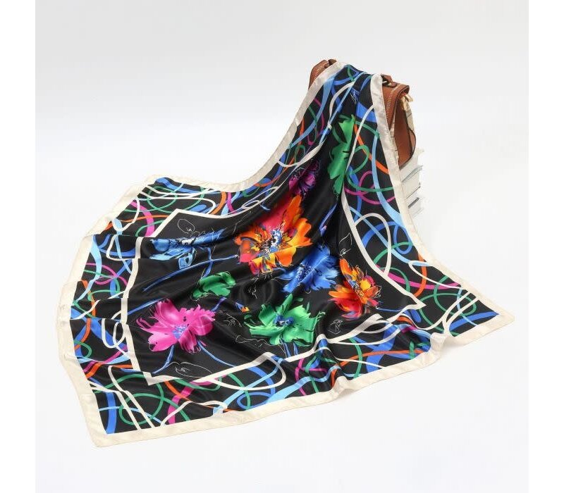 F759 Floral print square neck scarf in Black