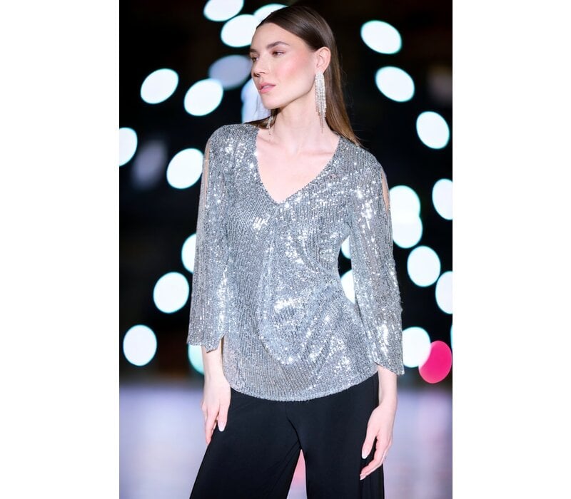 Joseph Ribkoff Silver Sequin Bell SleeveTop