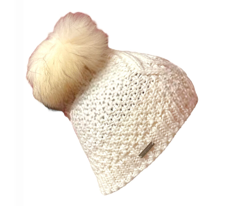 Seeberger 019173 Cable knit Cream Beanie  w/Fur Pom