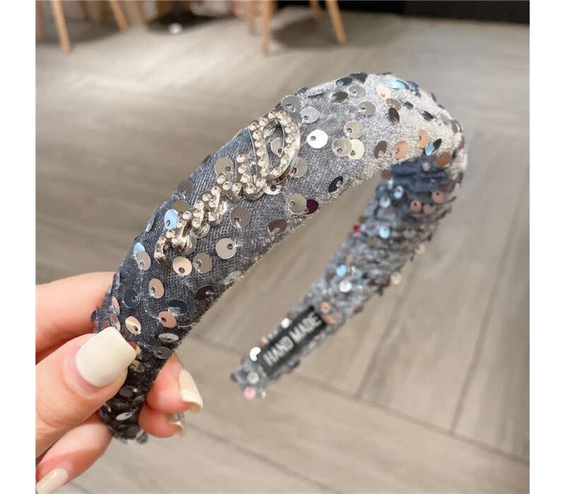 HA794 Sequin and bling crystal letter headband in Silver