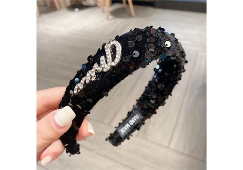 Peach Accessories HA794 Sequin and bling crystal letter headband in Black