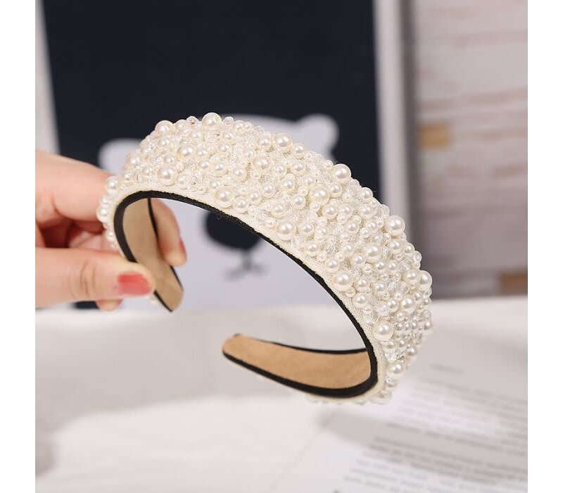 HA795 Pearls and crystals embellished headband in Ivory
